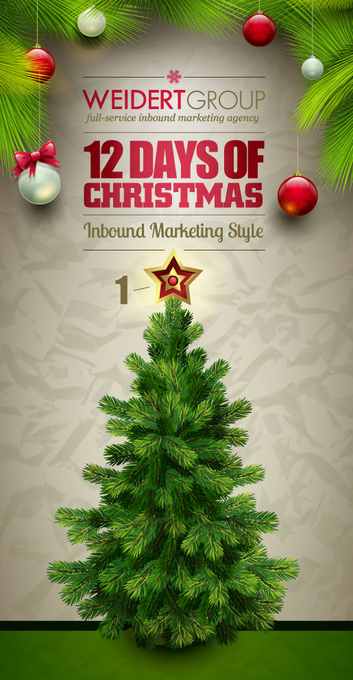 Weidert Group 12 Days of Christmas Inbound Marketing Style poster. There is a small pine tree in the center with orniments hanging from the top of the poster.
