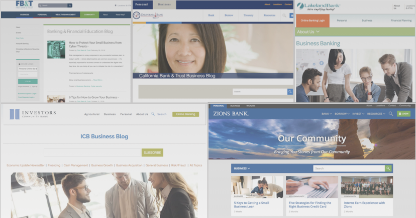 Screen shots of various bank website homepages including FB&T, Lakeland Bank, Investors Community Bank, and Zions bank