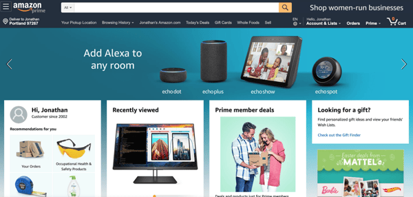 Personalized Amazon homepage shows recommendations based on purchase history and recently viewed items.
