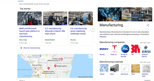 Google search for manufacturing shows stories and localized results.