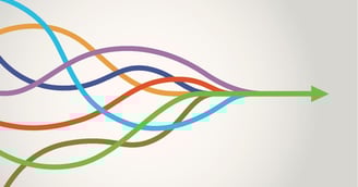 Different colored trails coming from the left merging into an arrow pointing right.