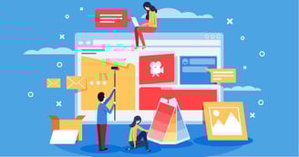 Cartoon graphic of people building a website browser window. One person is rolling on a element with a paint roller. One person is selecting color swatches. Another person is sitting on top of the browser window chatting on a laptop.
