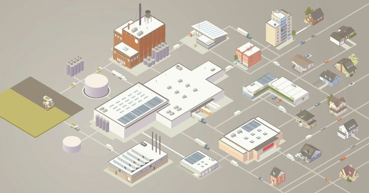 Graphic of a industrial area with factories next to some homes.