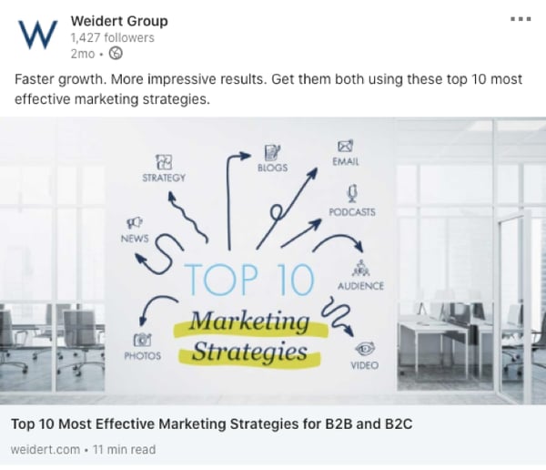 Weidert Group LinkedIn Visual example; Top 10 Most Effective Marketing Strategies for B2B and B2C