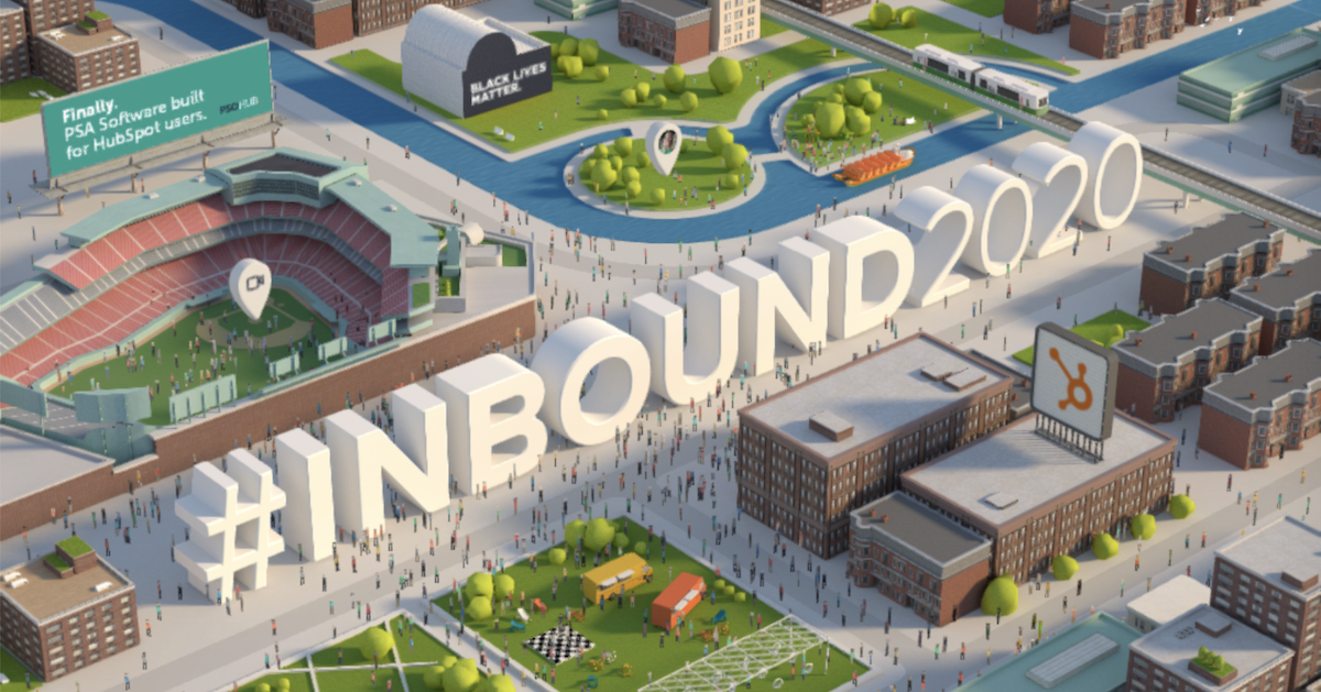#inbound 2020 graphic with a 3d graphic city neighborhood including a park, baseball stadium, apartment buildings, billboard, and commuter train.
