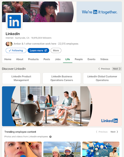 LinkedIn Life tab with segmented audience experiences