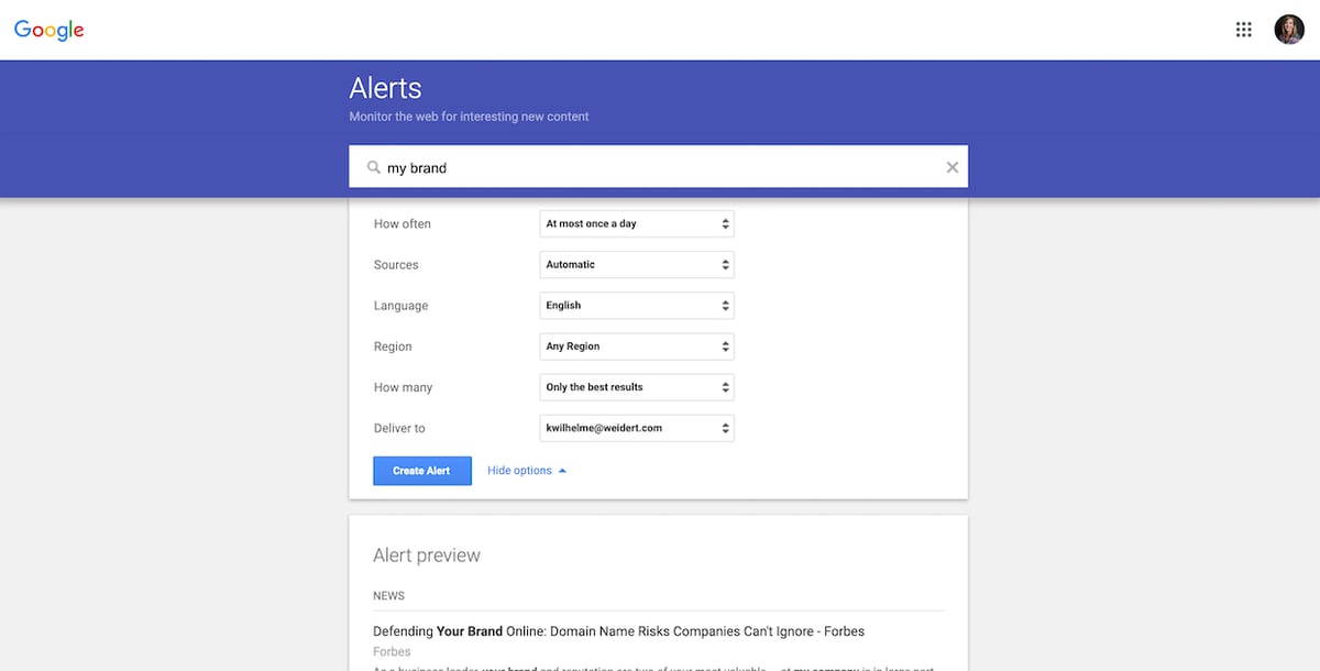 Google Alerts setup