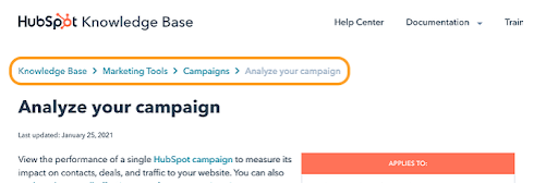 Image of HubSpot page showing breadcrumb navigation path example