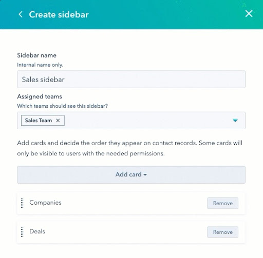 customization of right sidebar on CRM record in HubSpot