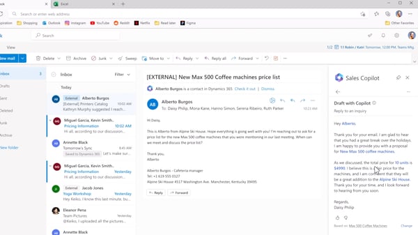 microsoft sales copilot being used with crm integration to compose an email