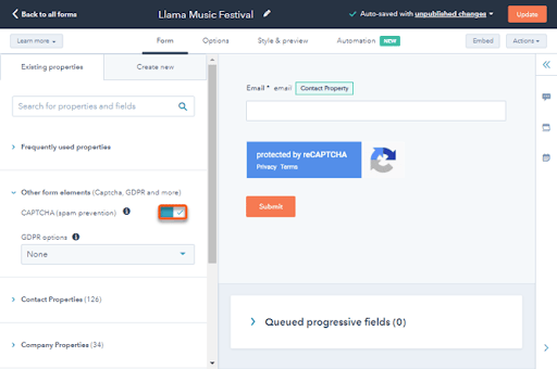 enable captcha in hubspot forms