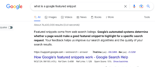 example of a google featured snippet in SERP