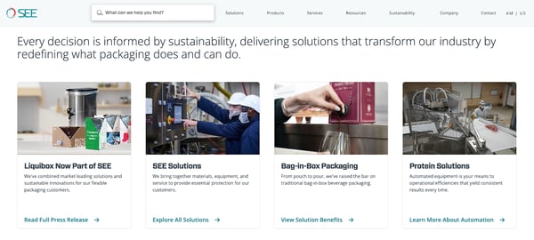 screenshot of the SEE Home page showcasing some of their packaging solutions