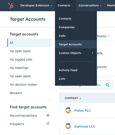 target accounts navigation in hubspot