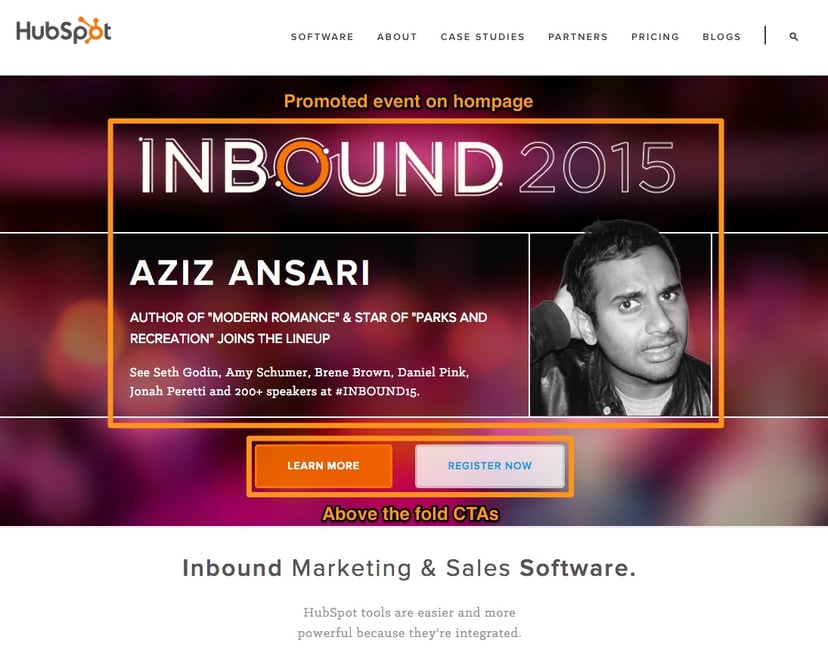 HubSpot homepage featuring a promo for Inbound 2015 with Azizi Ansari. CTAs on the site read Learn More and Regsiter Now.