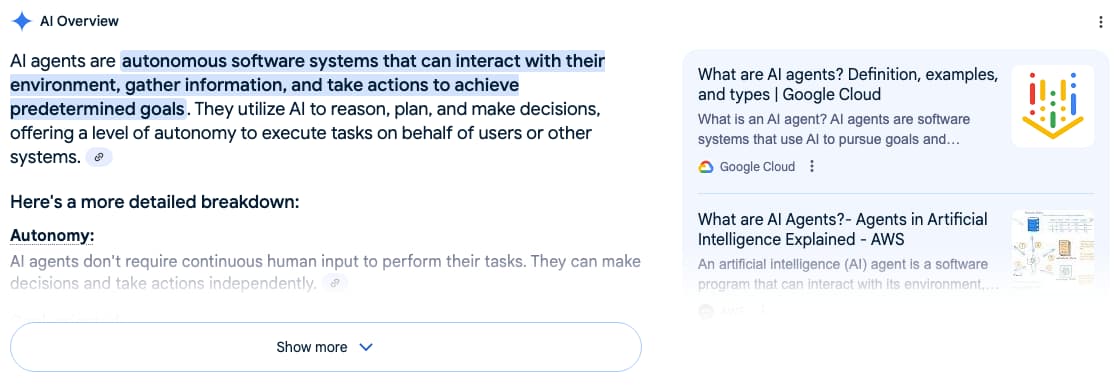 search results AI overview for query "what are ai agents"