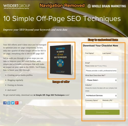 Landing page with navigation removed and title of 10 Simple Off-Page SEO Techniques. Image of offer and easy to understand submission form outlined.