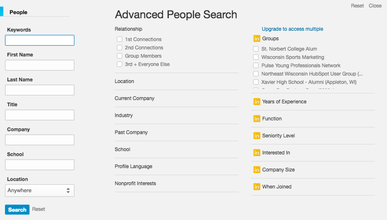 Advanced people search screen on Linkedin. The screen is made up of three columns. There are fields on the left and checkboxes in the center and right columns.