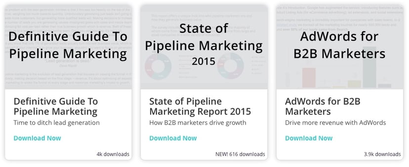Resource cards on a website. Definitive Guide To Pipeline Marketing. State of Pipeline Marketing 2015. AdWords for B2B Marketers
