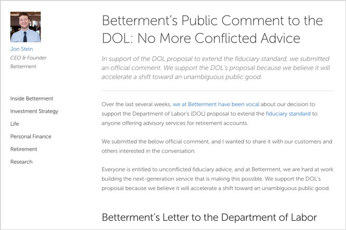 News arciticle titled Betterment's Public Comment to the DOL: No More Conflicted Advice by Jon Stein, CEO and Founder of Betterment