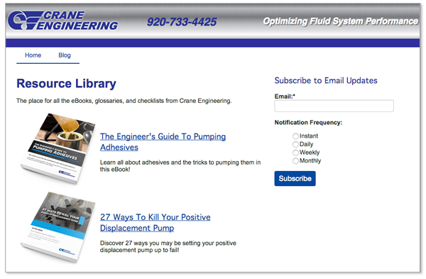 Crane Engineering resource library page with The Engineer's Guide To Pumping Adhesives and 27 Ways To Kill Your Positive Displacement Pump resources. Includes a form to subscribe to email updates.