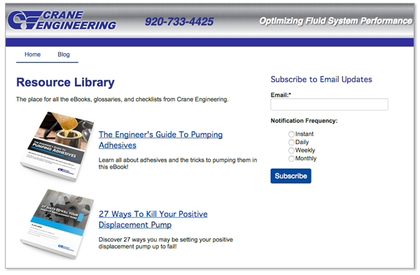 Crane Engineering resource library page with The Engineer's Guide To Pumping Adhesives and 27 Ways To Kill Your Positive Displacement Pump resources. Includes a form to subscribe to email updates.