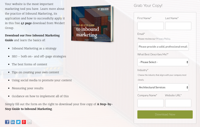 Step-by-step guide to inbound marketing page. Your website is the most important marketing tool you have. Learn more about the practice of Inbound Marketing, its application and how to successfully apply it in this free 42 page download from Weidert STEP-BY-STEP GUIDE to inbound Download our Free Inbound Marketing marketing Guide and learn the basics of: Inbound Marketing as a strategy. SEO - both on - and off-page strategies. The best forms of content. Tips on creating your own content. Using social media to promote your content. Measuring your results. Guidance on how to implement all of this Simply fill out the form on the right to download your free copy of A Step-by-Step Guide to Inbound Marketing.