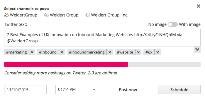Schedled post screen in Inboundli with options for channels to post to, twitter text, hashtags, and when to publish.