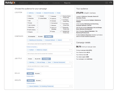 HubSpot Ads addon showing LinkedIn campaign targetting options