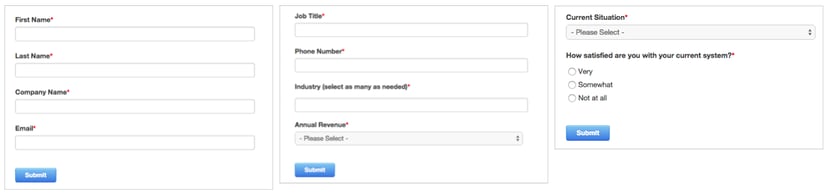 Forms with progressive fieilds. First form shows First Name, Last Name, Company Name, and Email. Second form shows Job Title, Phone Number, Industry, and Annual Revenue. Third field shows Current Situation and How Satisifed are You With Your Current Optoin