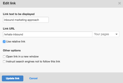Screen shot of HubSpot setting up a relative link