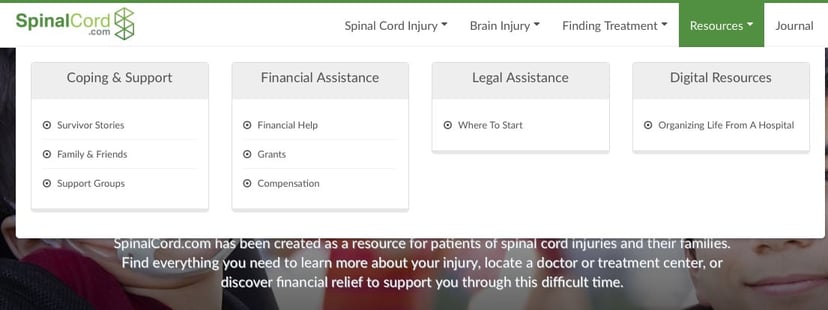 spinalcord.com homepage with mega menu open