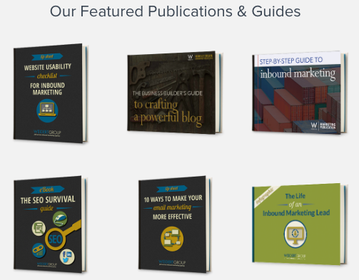 Weidert Group Resource Page with 6 resoures rendered to look like books. Resources include Website Usability, The SEO Survival Guide, Step by Step Guide to Inbound Marketing, 10 Ways to make your Email Markeitng More Effective, and The Life of an Inbound Markting Lead
