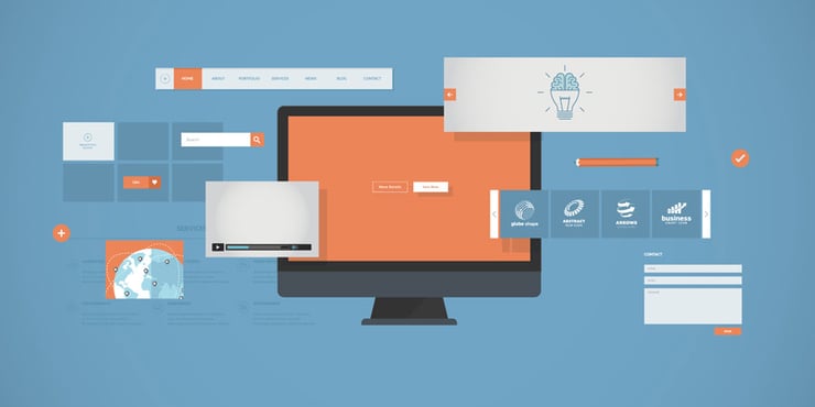 Graphic of all-in-one desktop computer with various website UX elements surrounding it including sliders, forms, and a search field.