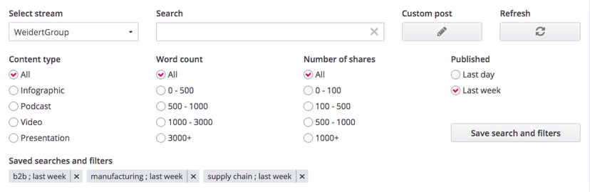 Inboundli content search form including options to filter by stream, search, content type, word count, number of shares, and published time.