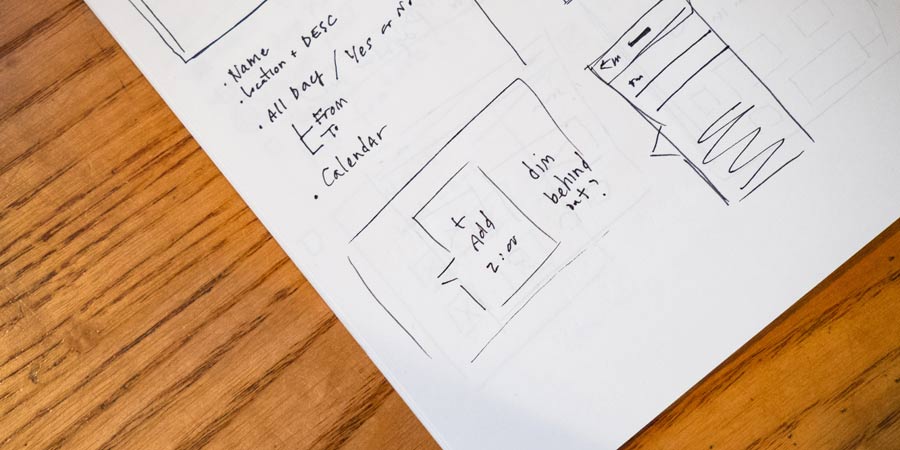 Piece of paper on table with sketches for website architecture and pages on it.