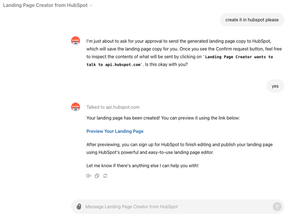 HubSpot landing page GPT in ChatGPT