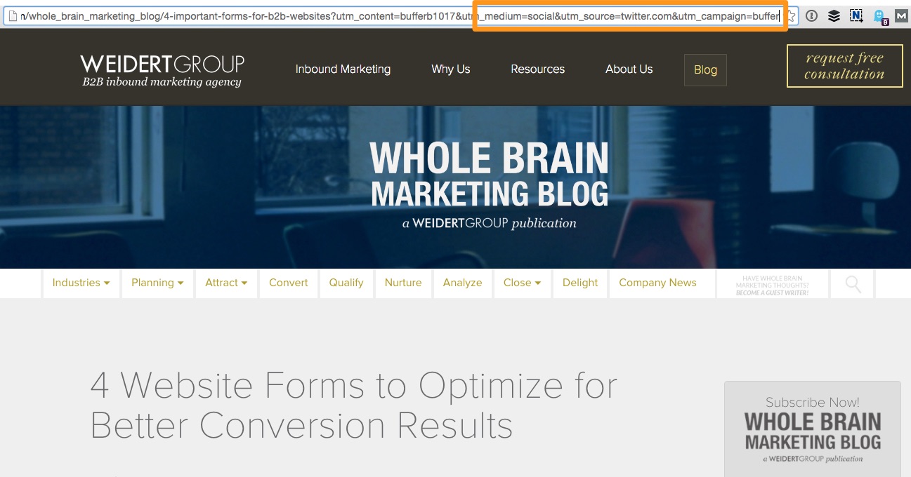 Whole brain marketing blog screenshot with UTM parameters in the URL outlined